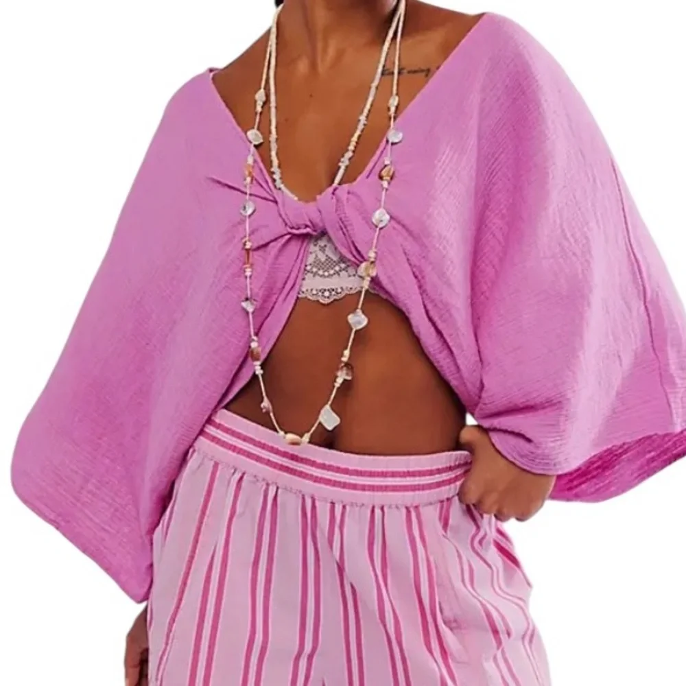 Free People Linen Twist Front Cropped Top in Orchid, Magenta OS - Picture 8 of 9